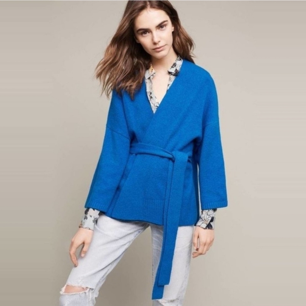 Anthropologie Sleeping On Snow Alcott Blue Tie Wrap Cardigan Sweater Top